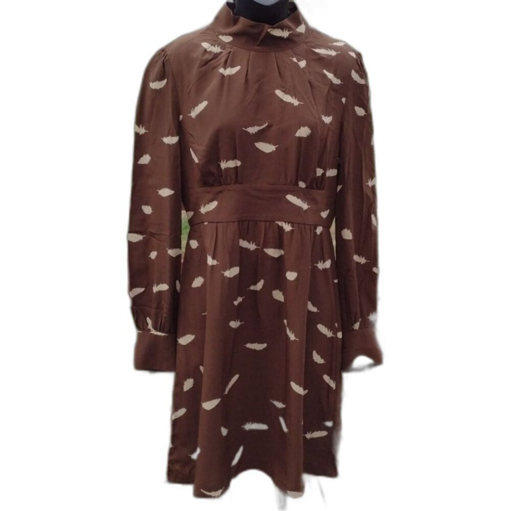 Tibi Brown Long Sleeve High Collar Silk Dress with Beige Feather Print Size 8